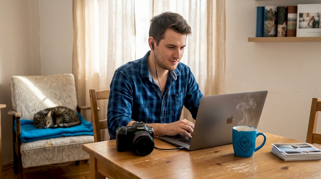 Egy férfi a vacsoraasztalnál ülve tölti fel a fényképeit a laptopjára.