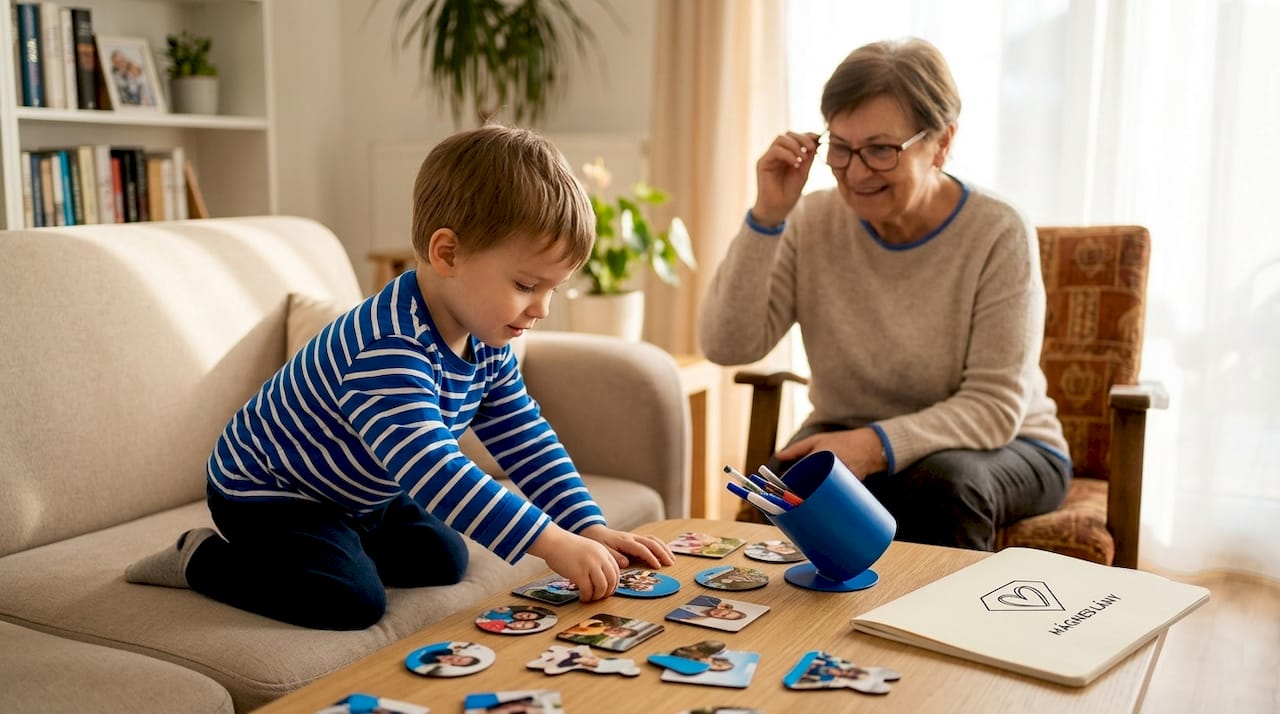 Egy kisgyerek a nappali padlóján fotómágnesekkel játszik, vidáman rakosgatja őket.