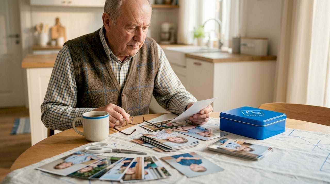 Nagypapa épp válogatja a családi fotókat, hogy melyik kerüljön a hűtőmágnesekre.