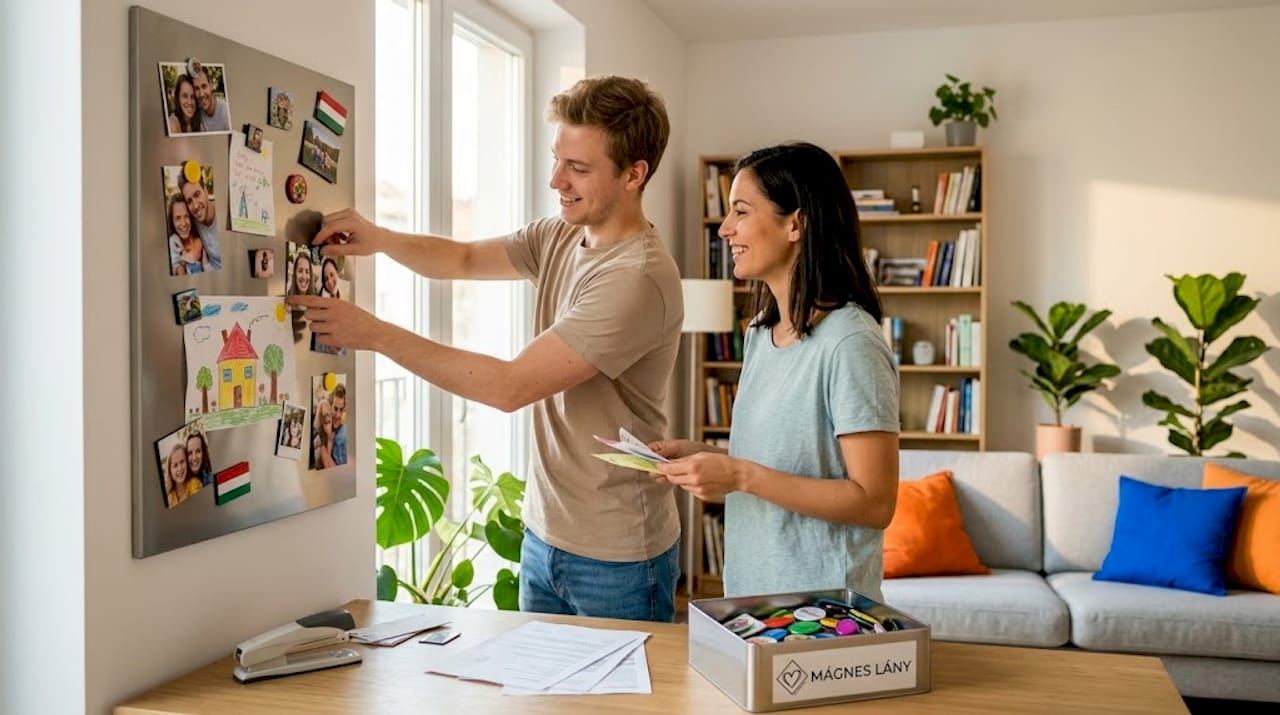 Egy fiatal pár éppen a családi emlékeket rendezgeti a falon, mágnesekkel rögzítve a kedves fotókat és emlékeket.
