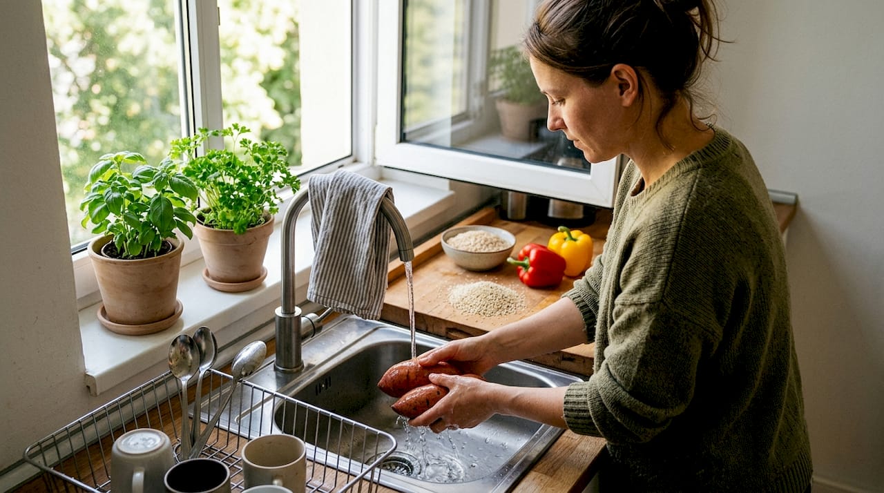Eine Frau schneidet Süßkartoffeln und Gemüse für das Abendessen zurecht.