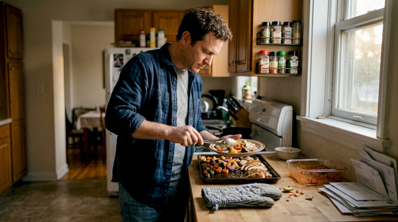 Ein Mann serviert eine eiweißreiche Mahlzeit auf einem Tablett.