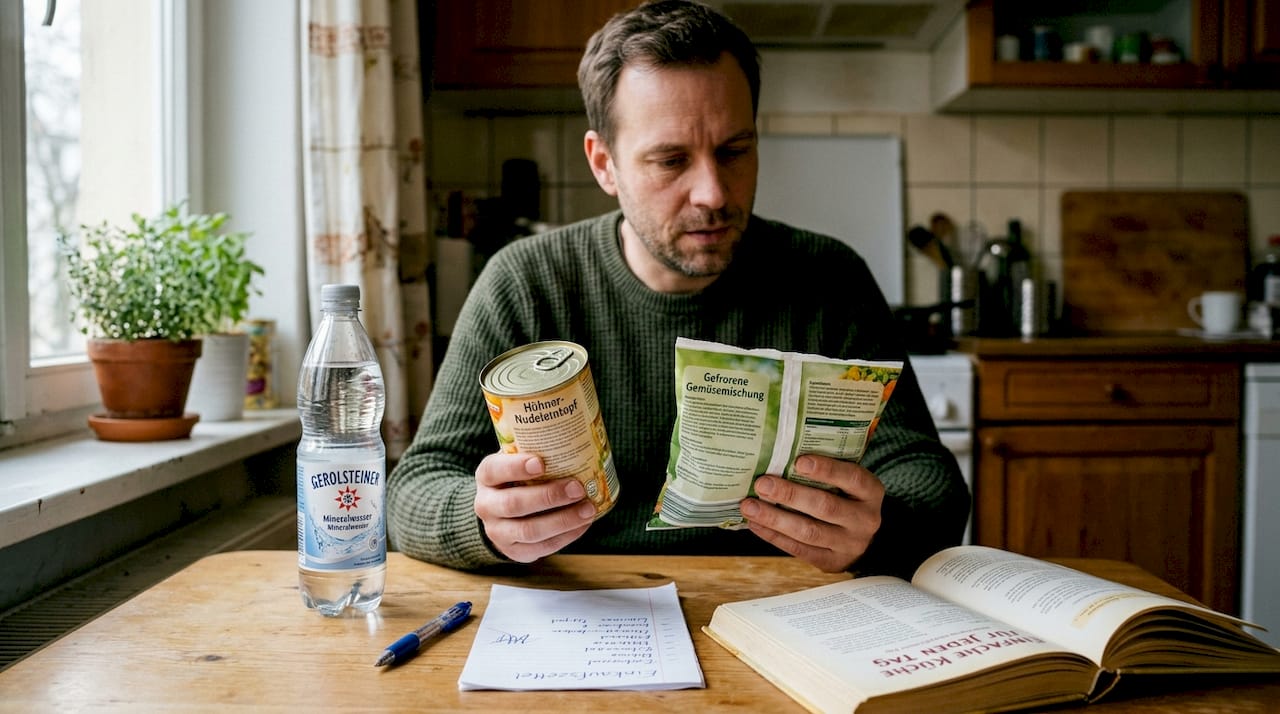 Ein Mann sitzt am Tisch und schaut sich verschiedene Verpackungen von Fertiggerichten an, um sie miteinander zu vergleichen.
