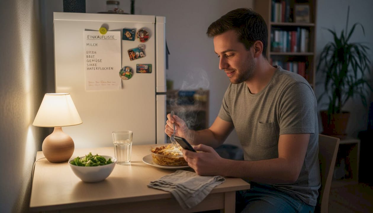 Ein Mann genießt eine gesunde Tiefkühlmahlzeit mit viel Protein.