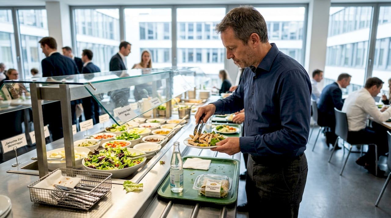 Ein Mann entscheidet sich in der Kantine bewusst für eine kohlenhydratarme Mahlzeit.