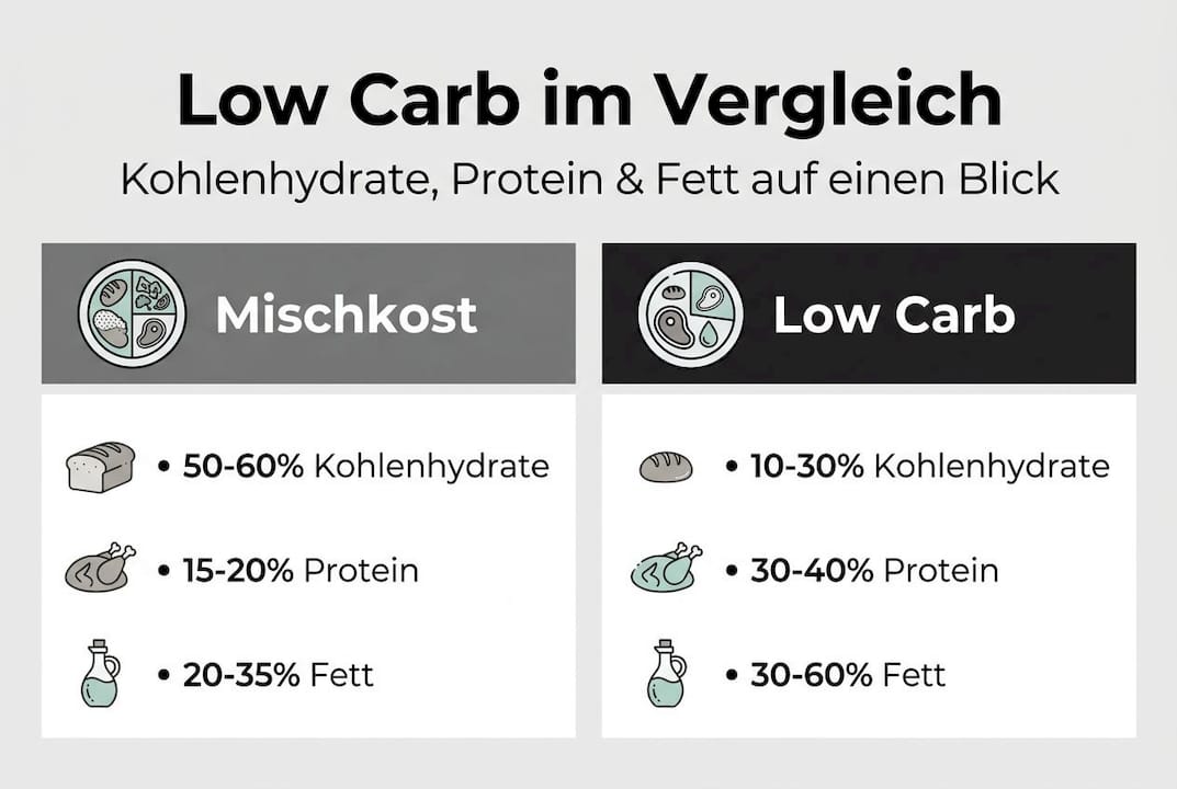 Infografik: Vergleich Low-Carb-Ernährung und klassische Mischkost – die wichtigsten Unterschiede im Überblick