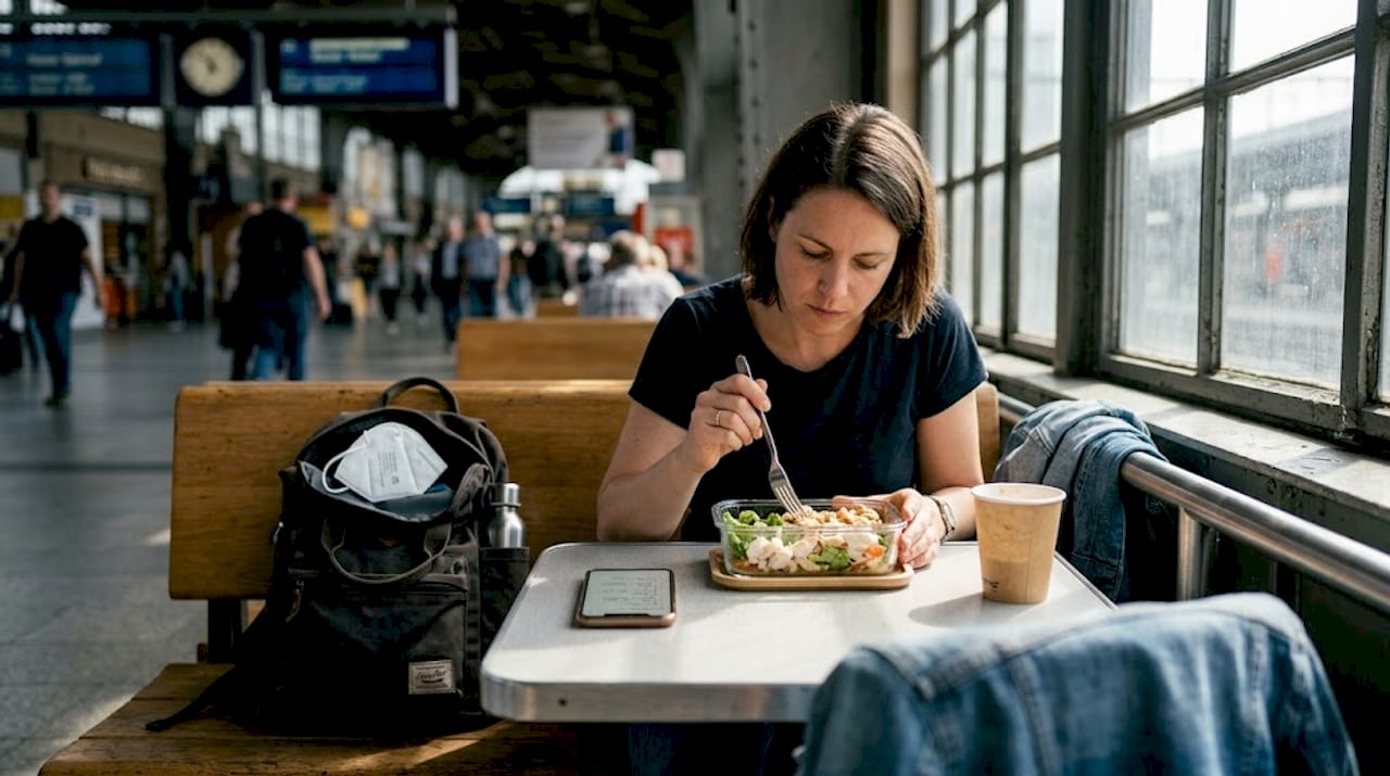 Eine Frau genießt im Café ein eiweißreiches Mittagessen.