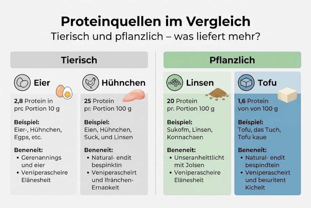 Die Infografik präsentiert eine Übersicht über verschiedene Proteinquellen aus Tier und Pflanze.