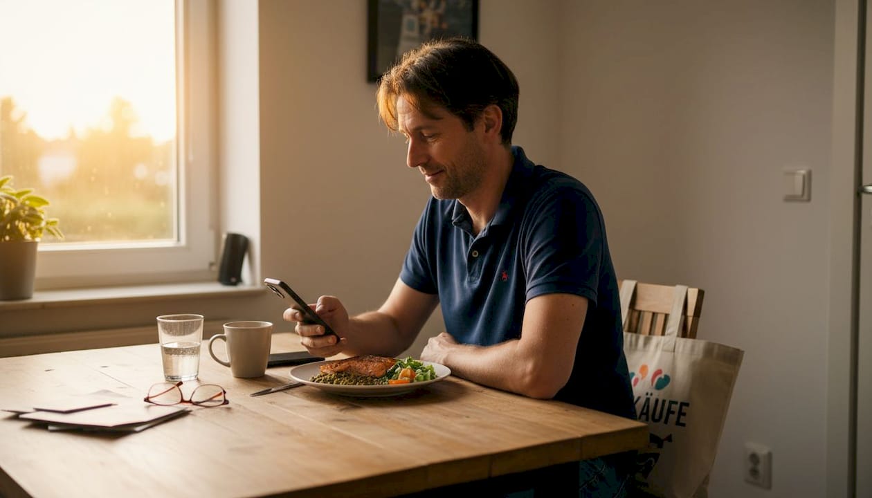 Ein Mann genießt eine eiweißreiche Mahlzeit an seinem Esstisch zu Hause.