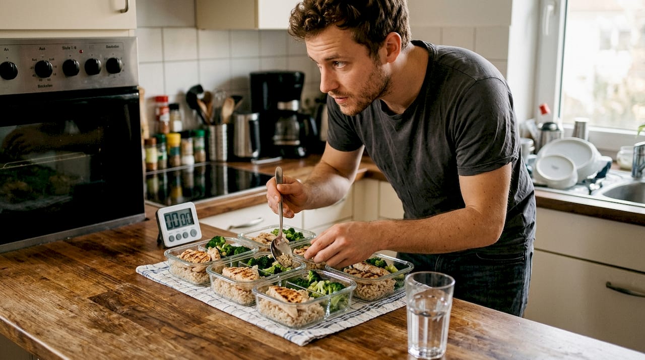 Ein Mann teilt frisch zubereitetes Essen in Vorratsdosen auf, die auf der Küchenarbeitsplatte stehen.