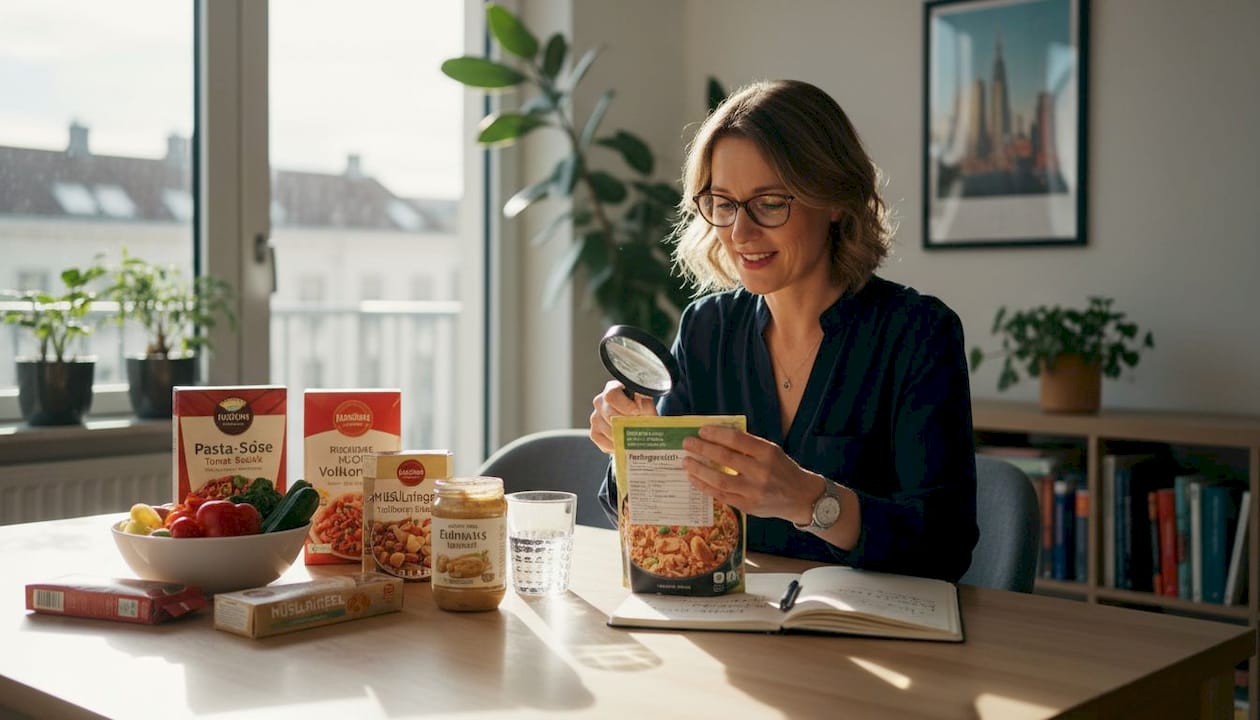 Ernährungsberaterin prüft die Zutatenliste von Fertigprodukten.