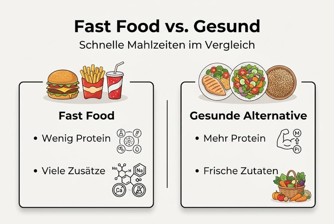 In einer anschaulichen Infografik werden beliebte Fast-Food-Gerichte gesunden Alternativen gegenübergestellt.