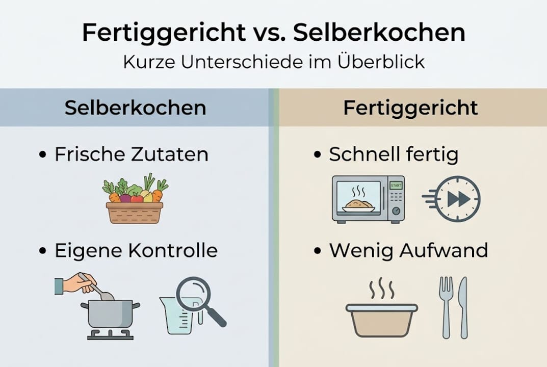 Diese Infografik veranschaulicht anschaulich die Unterschiede zwischen selbstgekochten Gerichten und Fertigprodukten.