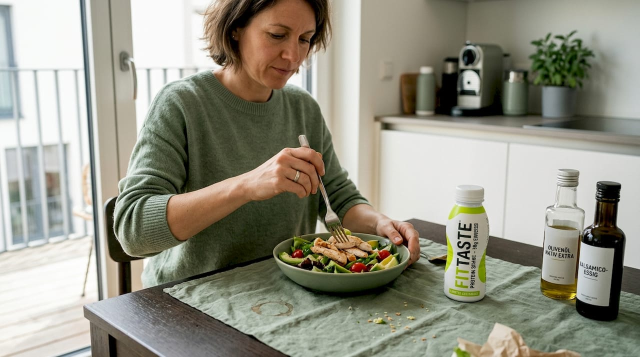 Eine Frau bereitet sich eine eiweißreiche Mahlzeit zu und kombiniert dazu einen frischen Salat.