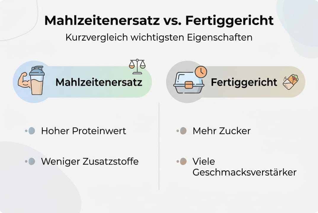 Infografik zeigt die Unterschiede zwischen Mahlzeitenersatz und klassischen Fertiggerichten auf