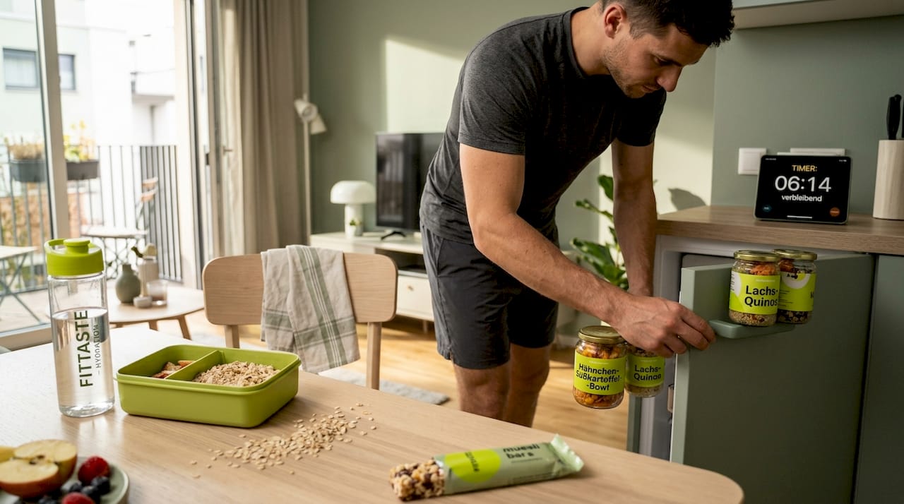 Ein Mann nimmt sein vorbereitetes Essen aus dem Kühlschrank.