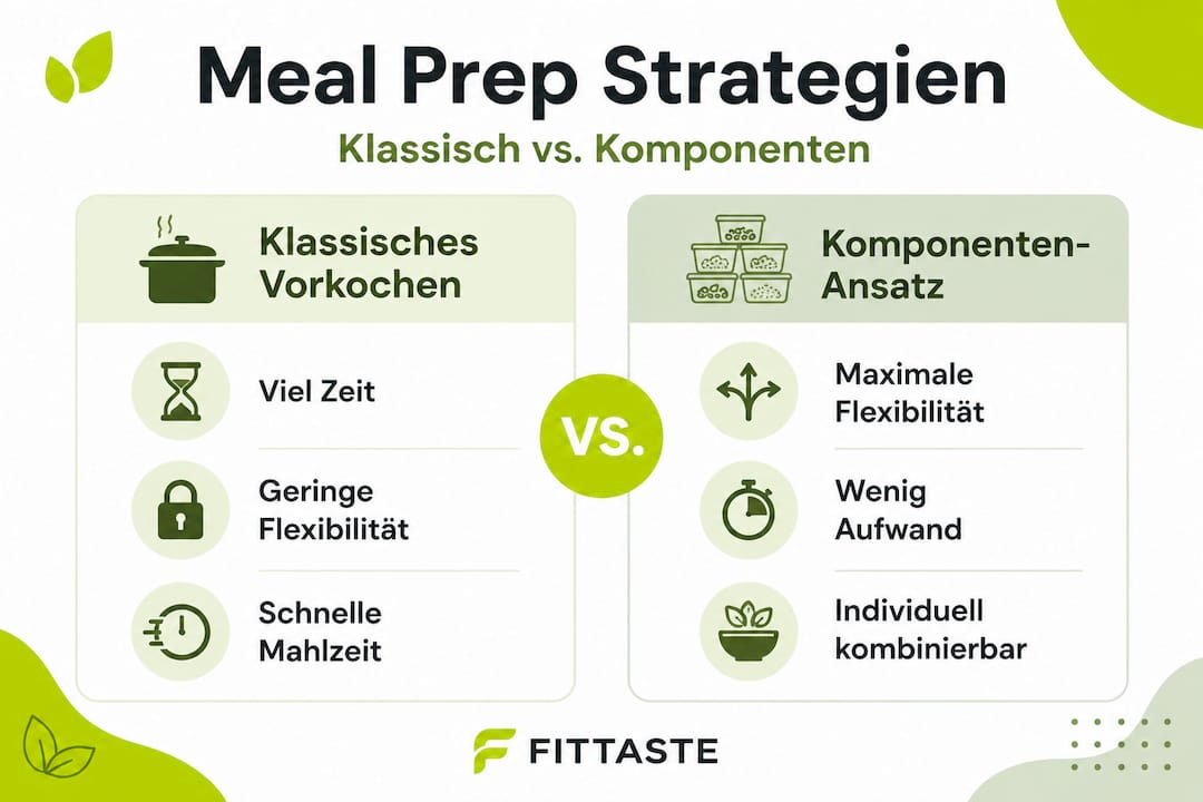 Die Infografik stellt zwei verschiedene Methoden des Meal Preps gegenüber und zeigt deren Vor- und Nachteile auf.
