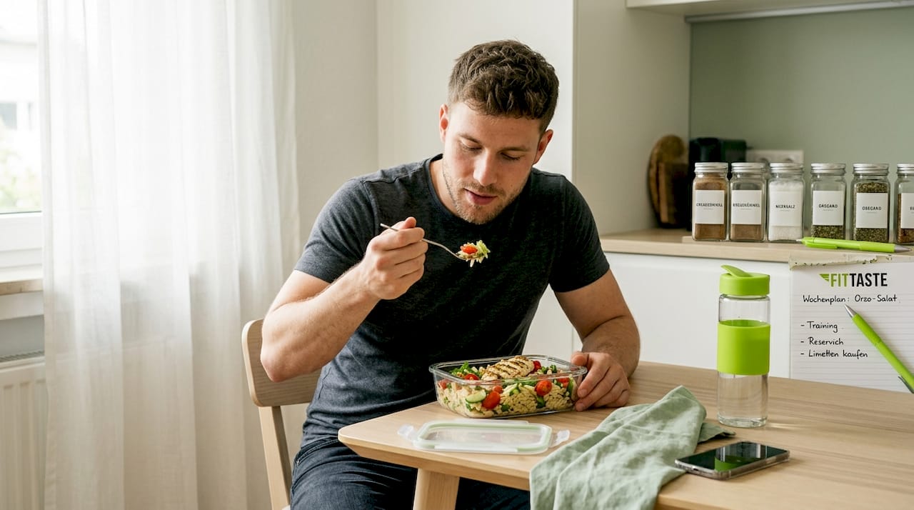 Ein Mann genießt am Tisch ein eiweißreiches Orzo-Gericht.