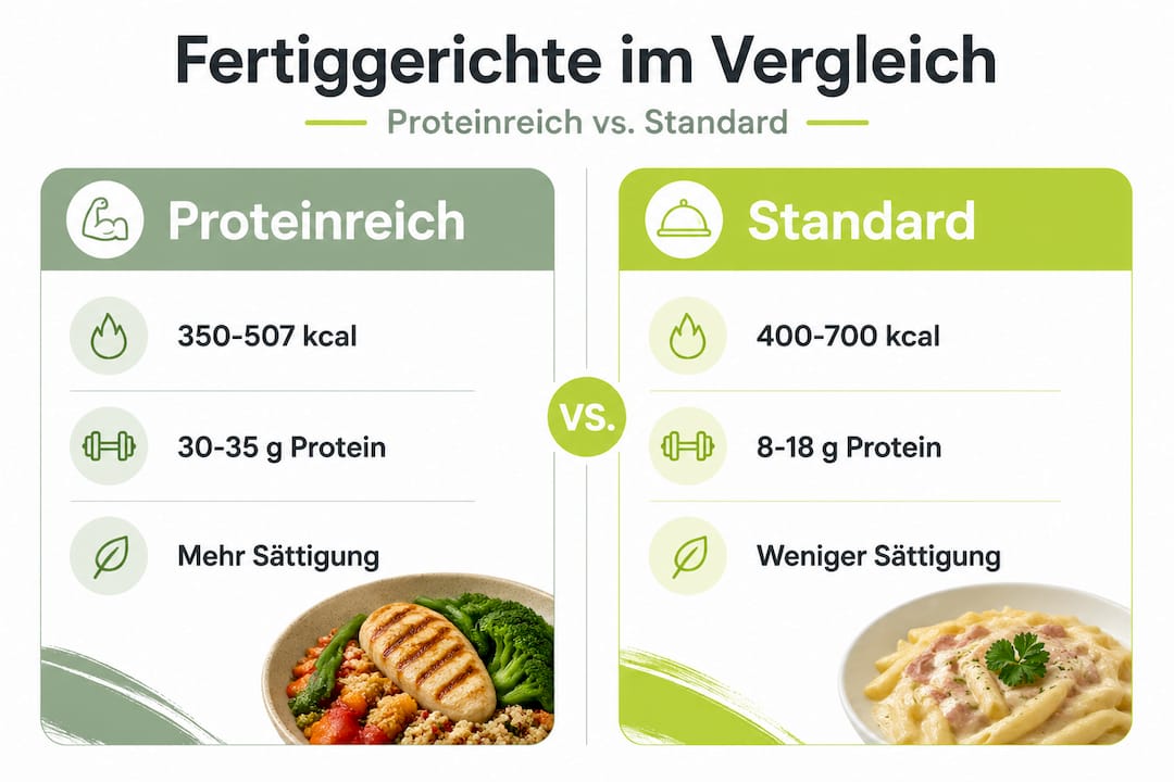 Infografik: Gegenüberstellung von proteinreichen Fertiggerichten und klassischen Convenience-Produkten