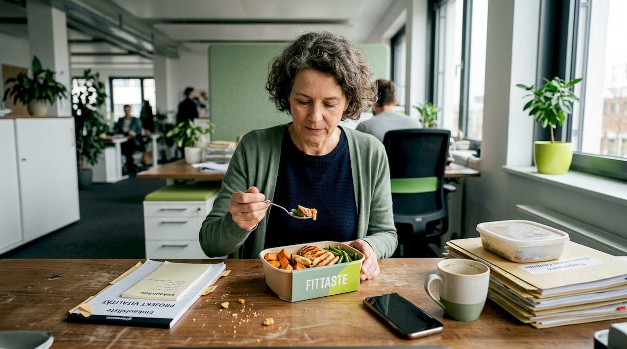 Eine Frau genießt ihr Fertiggericht in der Mittagspause am Schreibtisch im Büro.