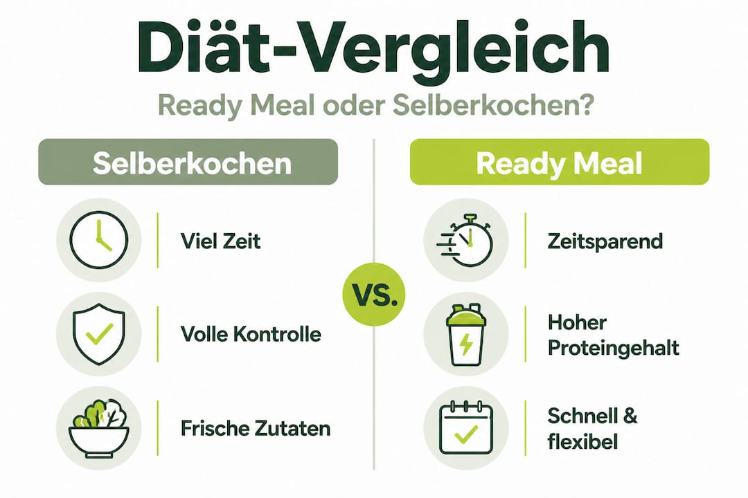 Eine anschauliche Grafik zeigt, wie Fertiggerichte und selbstgekochte Mahlzeiten bei Diäten abschneiden – im direkten Vergleich.