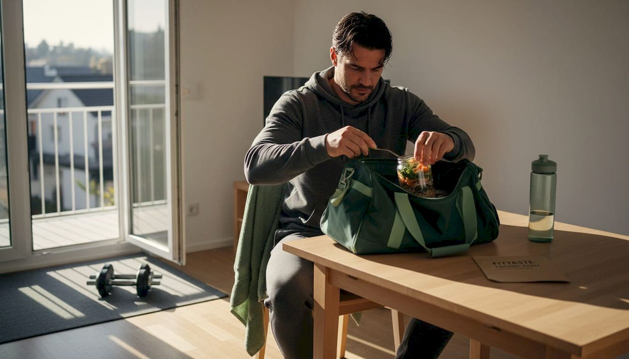 Nach dem Training packt man seine fertige Fitness-Mahlzeit aus.