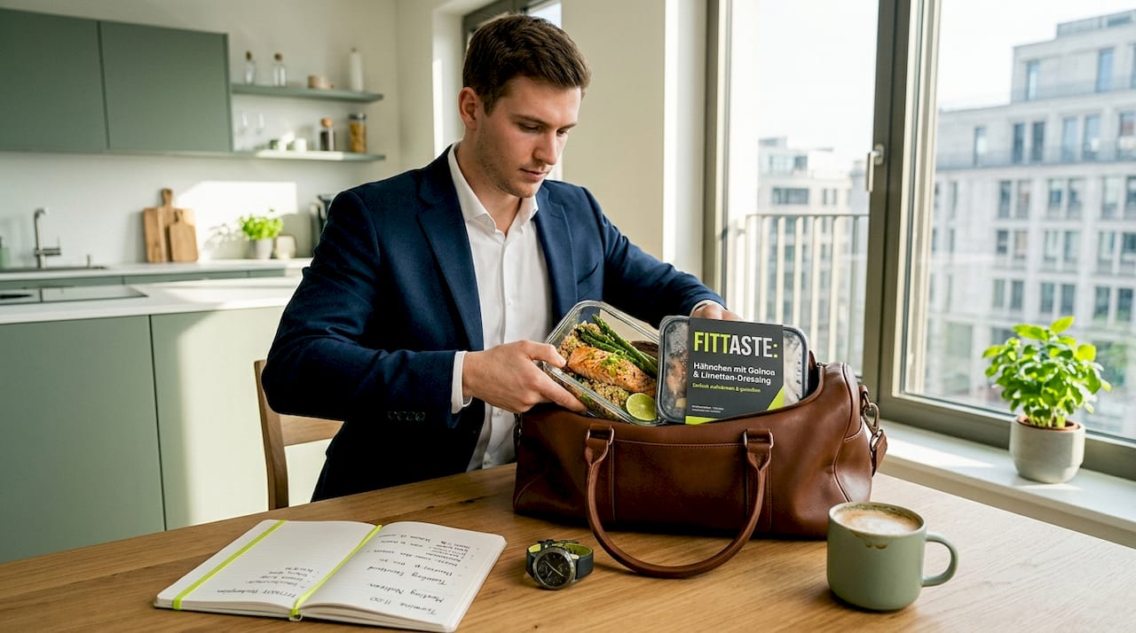 Ein Mann verstaut sein Fertiggericht und Tiefkühlpizza in der Bürotasche.