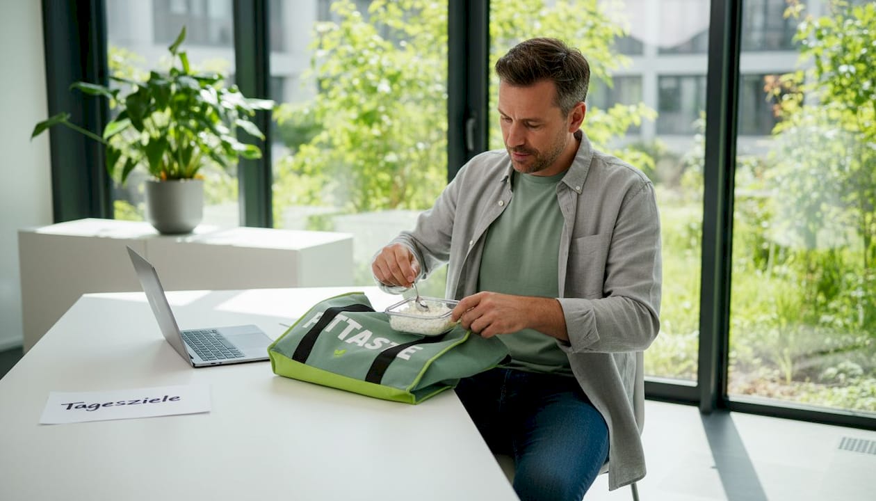 Ein Mann greift im Büro zu einem eiweißreichen Snack, um sich zwischendurch neue Energie zu holen.