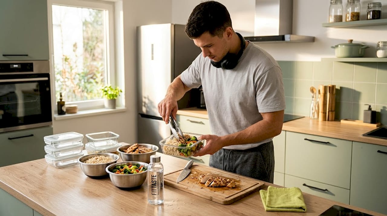 Ein Mann bereitet nach dem Training eine eiweißreiche Mahlzeit zu, um seine Muskeln optimal zu unterstützen.
