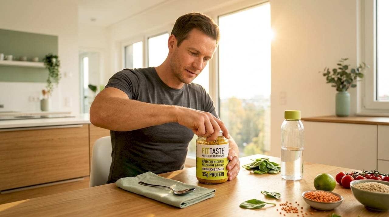 Mitarbeiter packt am Arbeitsplatz eine Protein-Mahlzeit aus