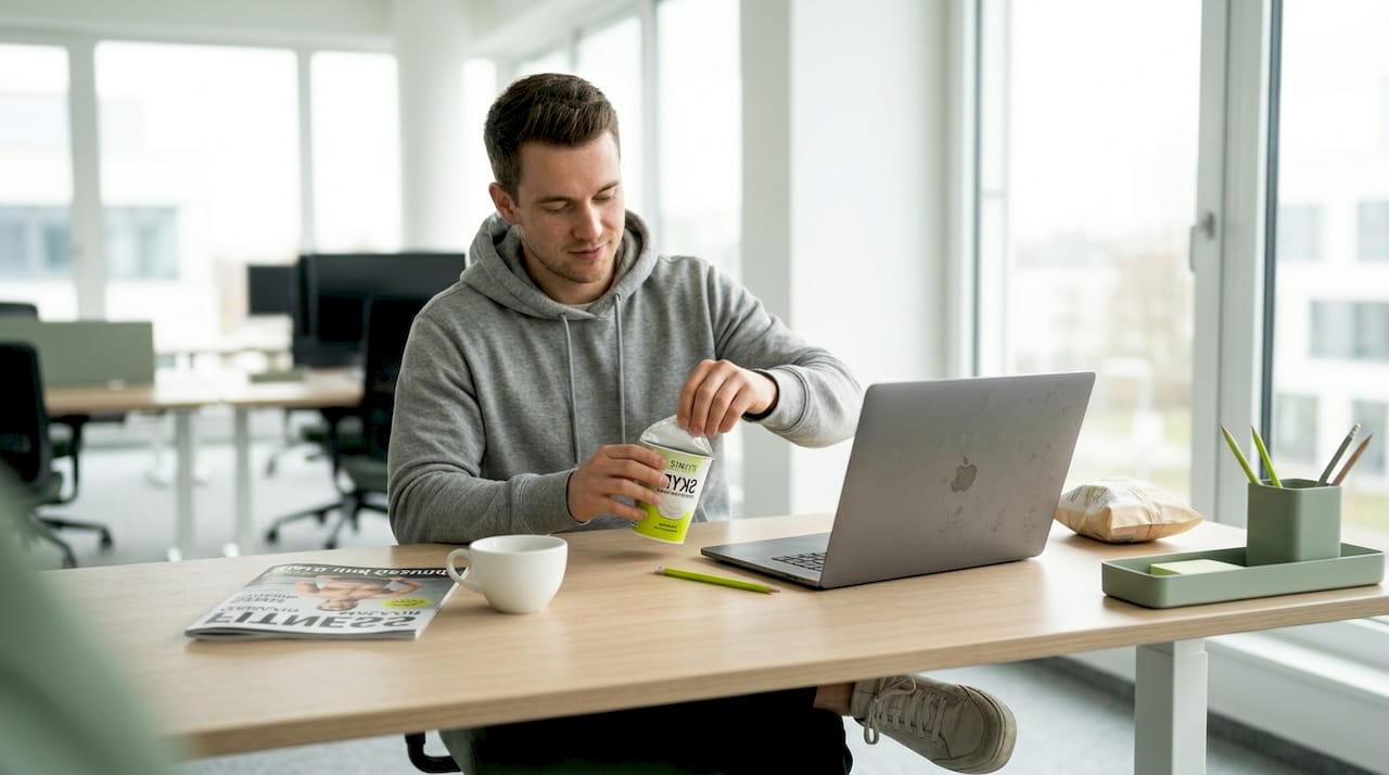 Ein Mann sitzt an seinem Schreibtisch im Büro und gönnt sich zwischendurch einen eiweißreichen Snack.