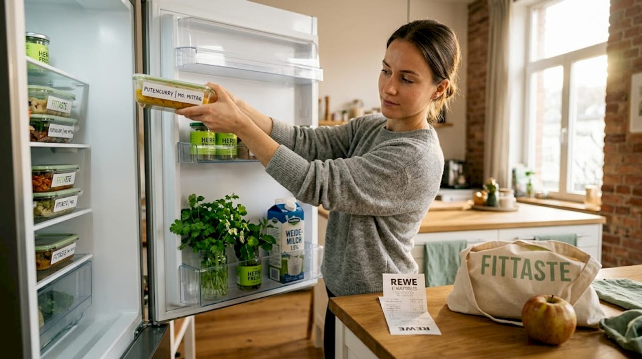 Eine Frau stellt eine Fertigportion in den Kühlschrank.