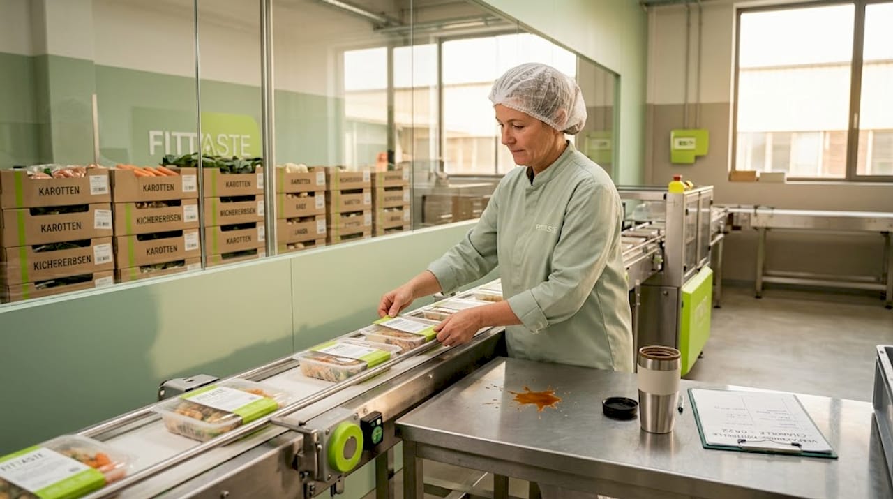 Eine Mitarbeiterin kontrolliert die Qualität der frisch produzierten Fertiggerichte direkt am Band.