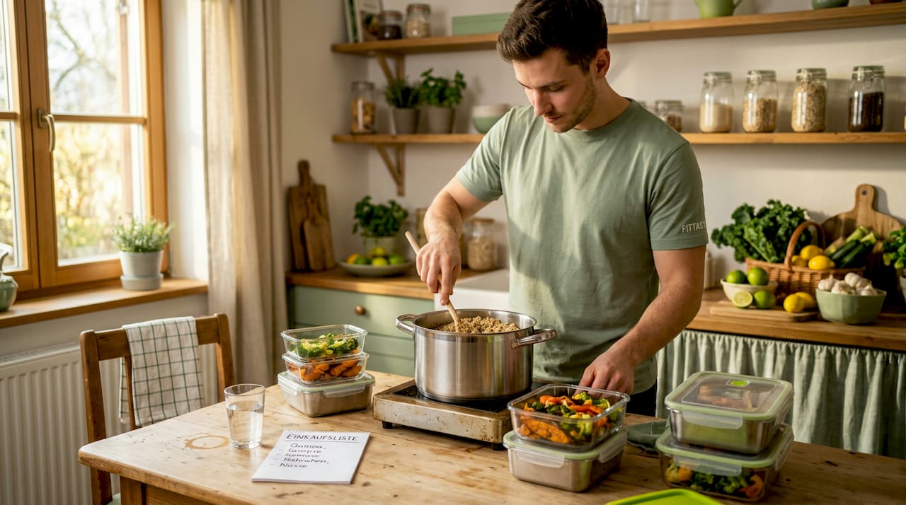 Ein Mann bereitet seine Mahlzeiten fürs Meal Prep vor und stellt die gefüllten Vorratsdosen auf den Küchentisch.