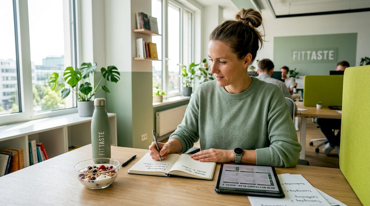 Eine Frau stellt einen individuellen Trainings- und Ernährungsplan zusammen.