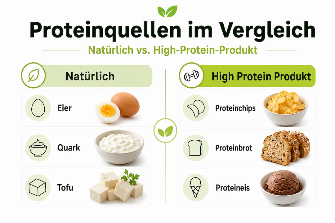 Infografik: Im Vergleich – natürliche Lebensmittel vs. proteinreiche Produkte