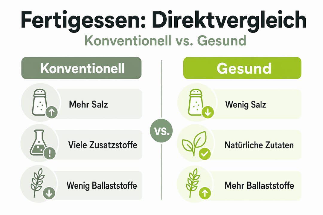 Infografik: Gegenüberstellung von herkömmlichen und gesunden Fertiggerichten