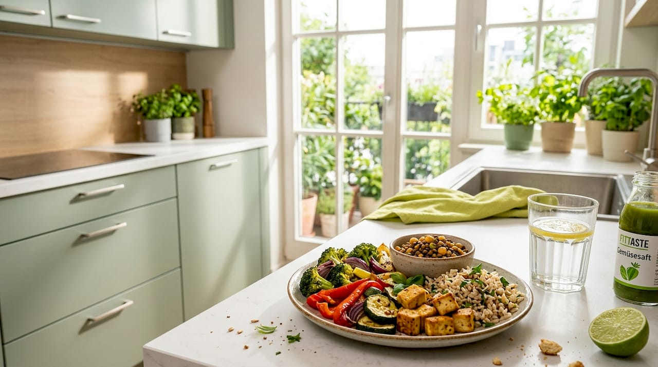 Veganer Genuss: Ein abwechslungsreicher Teller mit frischem Gemüse und knackigem Tofu für eine ausgewogene Mahlzeit.