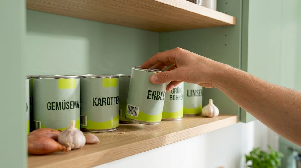 Ich greife gezielt ins Vorratsregal und suche mir ein Glas Gemüse aus.