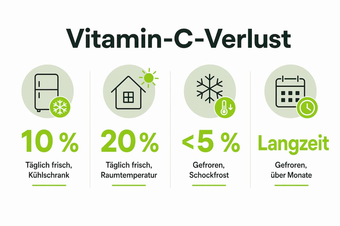 Diese Infografik veranschaulicht, wie stark der Vitamin-C-Gehalt je nach Art der Lagerung abnimmt.