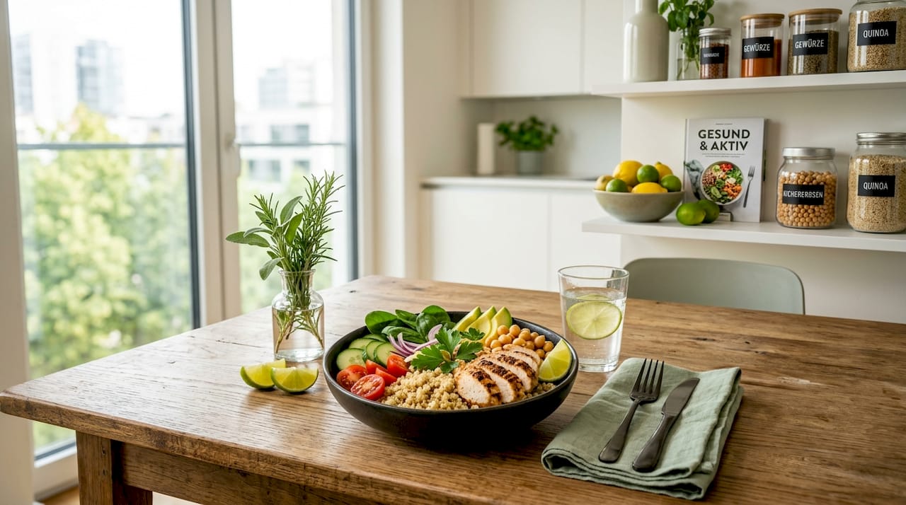 Zum Mittagessen gibt es eine Quinoa-Bowl mit einer Extraportion Eiweiß.