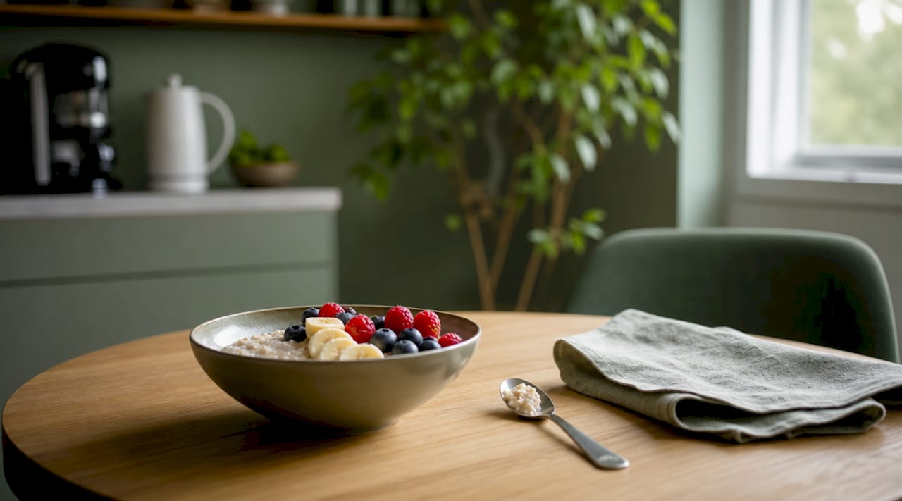 Eine Schale cremiger Porridge, garniert mit frischen Beeren und Bananenscheiben.