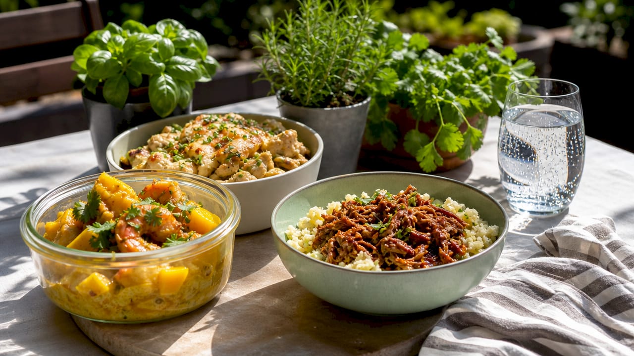 Eine bunte Auswahl an Low-Carb-Gerichten liebevoll auf einem rustikalen Holztisch angerichtet.