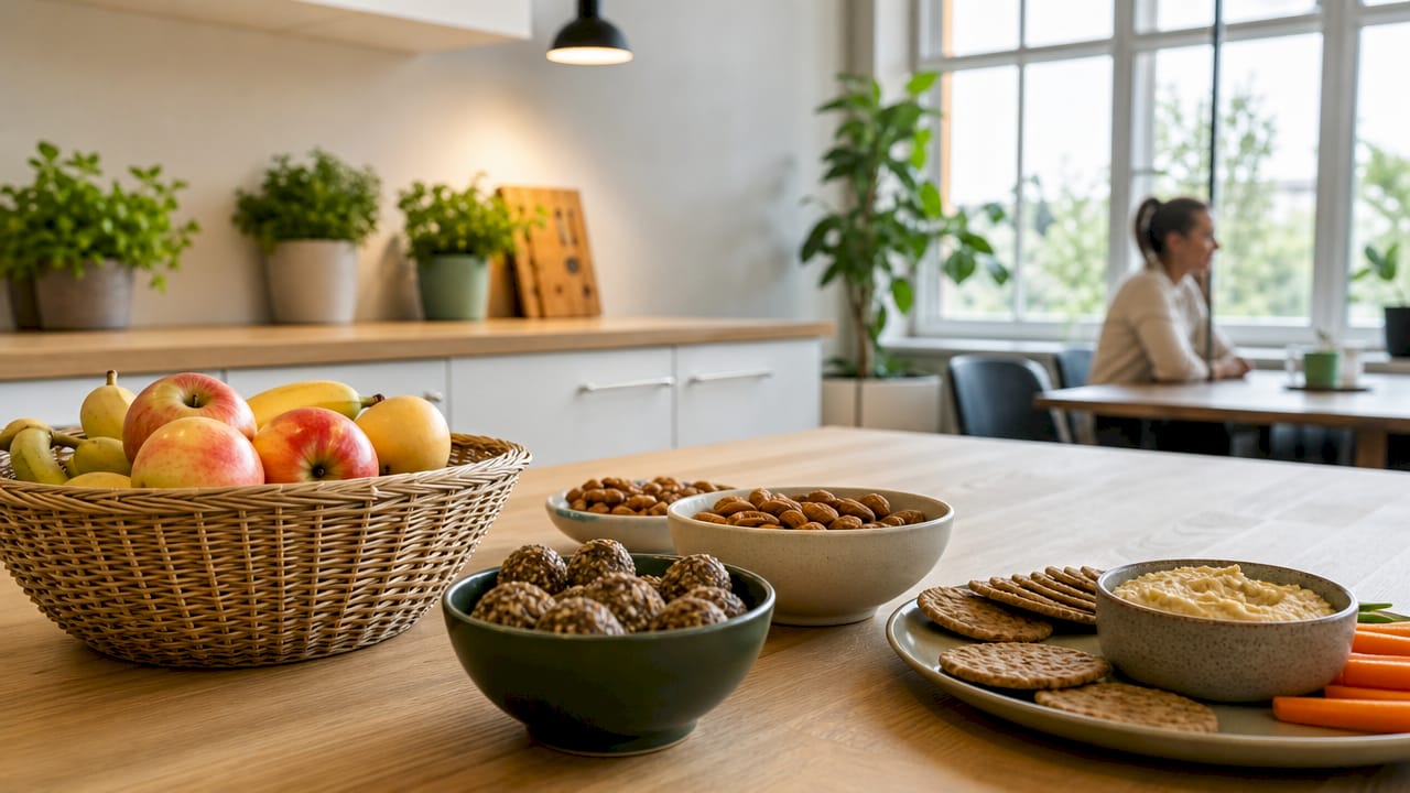 Eine bunte Auswahl an gesunden Snacks für das Büro liegt griffbereit auf der Theke.