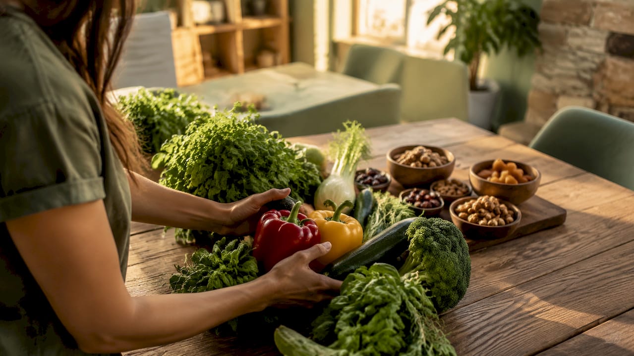 Hände, die frisches Obst und knackiges Gemüse aus der Natur halten