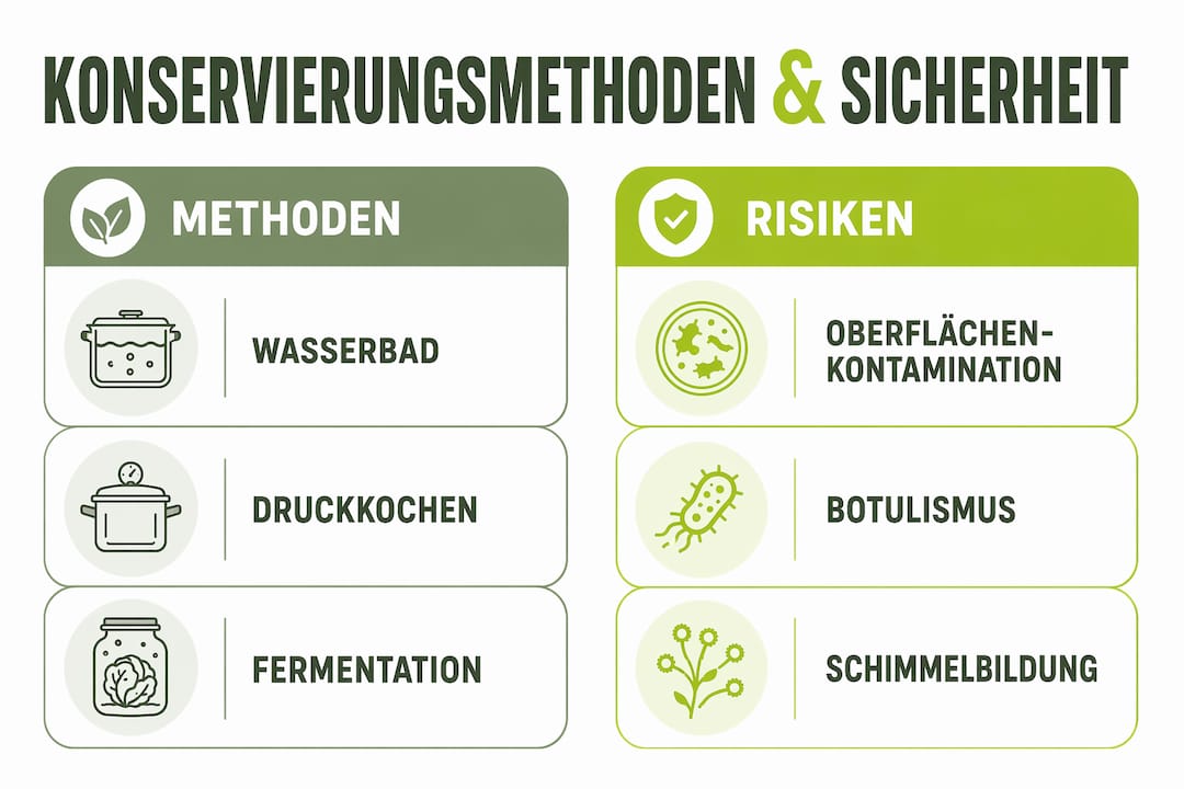 Die Infografik veranschaulicht, wie sich verschiedene Konservierungsmethoden hinsichtlich ihrer Sicherheitsrisiken unterscheiden.