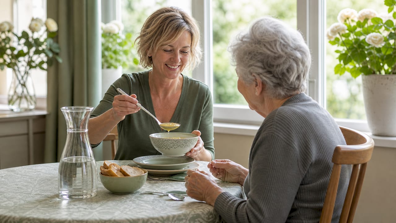 Mit viel Sorgfalt wird cremige Suppe frisch für Senioren serviert.