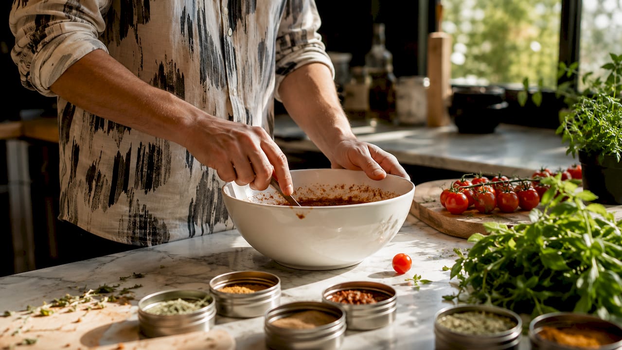 Mit den Händen werden verschiedene Zutaten für eine vielseitige Sauce vermengt.