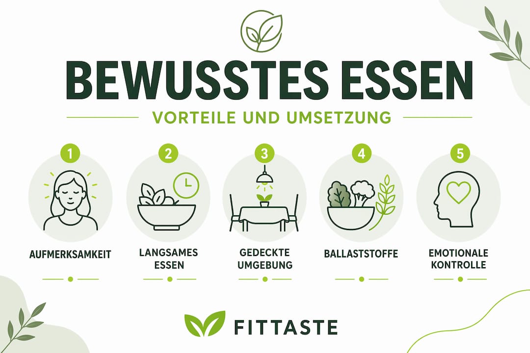 Die Infografik veranschaulicht die fünf wichtigsten Schritte für achtsames Essen.