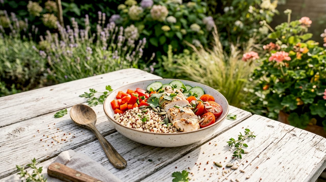 Von oben fotografierte Bowl mit Quinoa, Hähnchen und frischem Gemüse